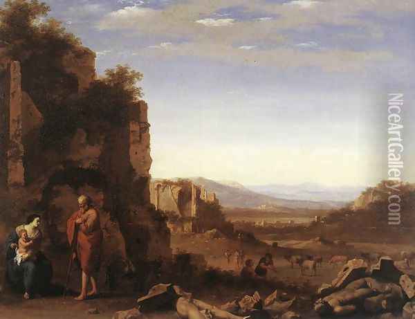 Rest on the Flight into Egypt c. 1640 Oil Painting - Cornelis Van Poelenburgh