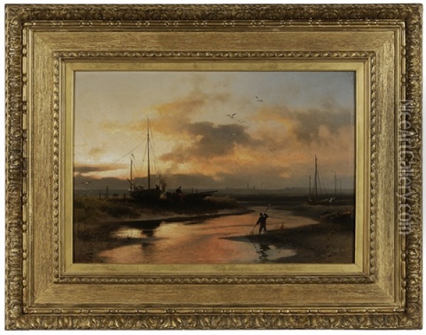 Evening Coastal Landscape, Fisherman On Shore, 1871 Oil Painting - Hermann Herzog