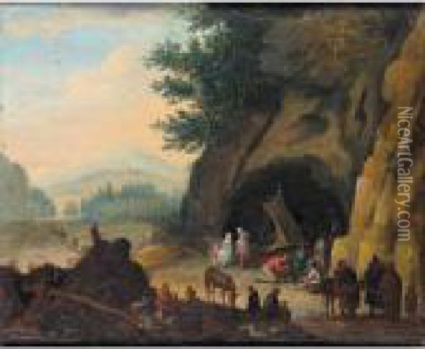A Landscape With Travellers In Camp In A Grotto Oil Painting - Karel Beschey