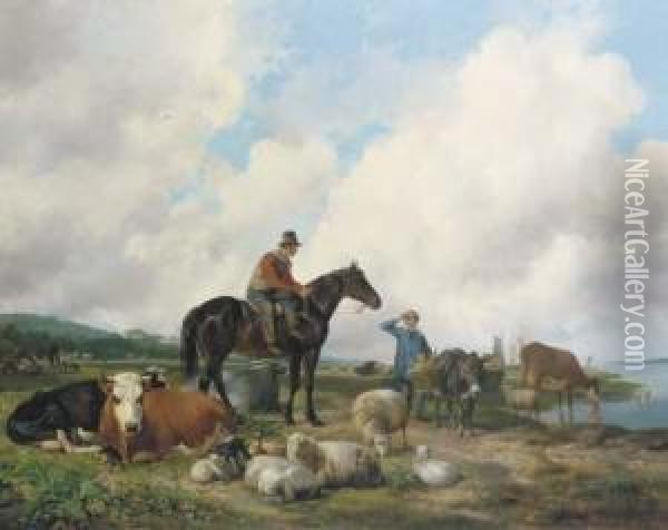 Oosterbeeks Paard: A Farmer On Horseback Amongst His Cattle Oil Painting - Hendrikus van den Sande Bakhuyzen