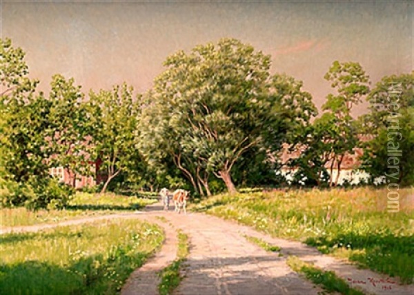 Sommarlandskap Med Vallpojke Och Kor Oil Painting - Johan Fredrik Krouthen