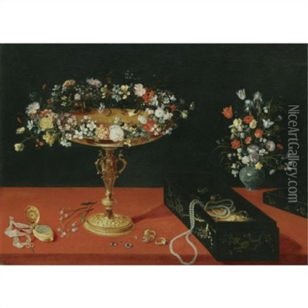 Still Life With A Garland Of Flowers On A Gold Tazza, A Box Of Jewellery, A Gold Pocket Watch And A Vase Of Flowers, All Arranged On A Table Draped In Red Oil Painting - Jan Brueghel the Elder