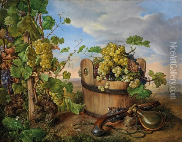 Large Still Life With Grapes, Flintlock Pistol And Powder Flask, A Church In The Background Oil Painting - Franz Xaver Petter