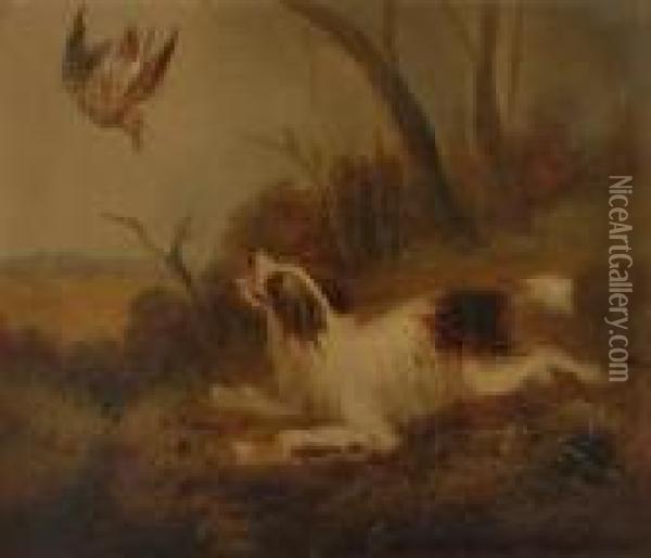 Dogs Retrieving A Woodcock, A Pair Oil Painting - George Armfield