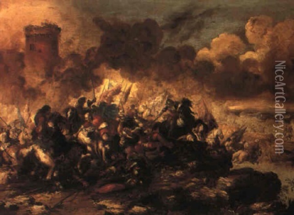 Battle Scene With Turks Fighting Christians Oil Painting - Antonio Calza