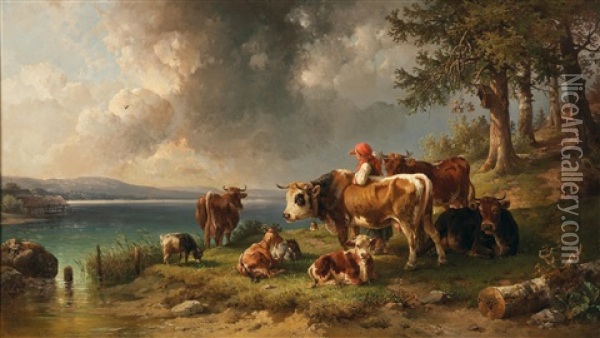 Herd Of Cattle With Herdswoman By The Lakeshore Oil Painting - Edmund Mahlknecht