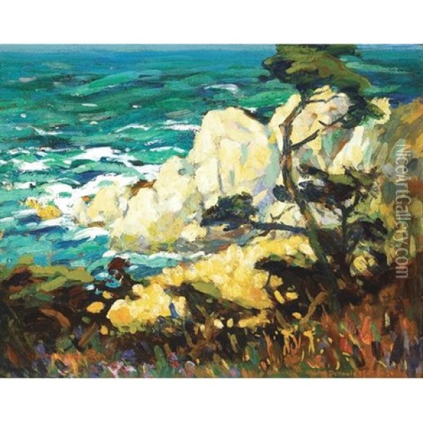 Sunlit Rocks Below The Carmel Highlands Oil Painting - Mary Deneale Morgan