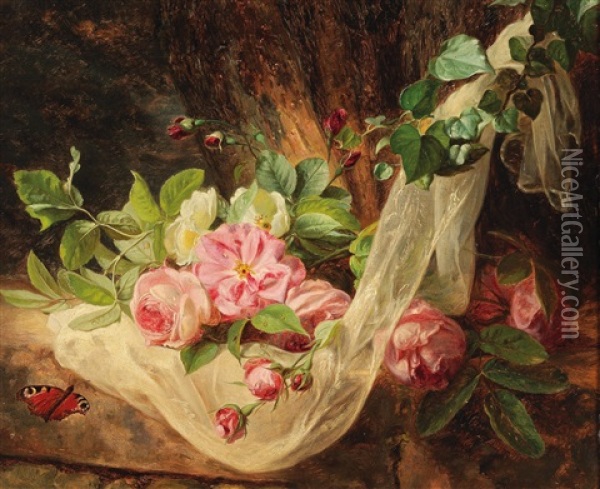Still Life With Roses On A Forest Floor Oil Painting - Andreas Lach