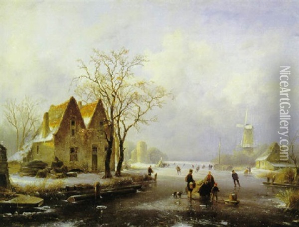 Skaters And Other Figures On A Frozen River Oil Painting - Andreas Schelfhout