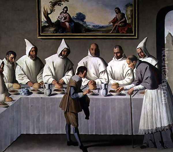 St. Hugh of Cluny (1024-1109) in the Refectory of the Carthusians, 1633 Oil Painting - Francisco De Zurbaran