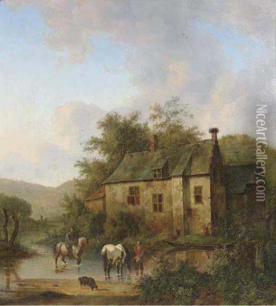 Het Huis Te Boxtel Met Paarden In Een Wed Oil Painting - Wouterus Verschuur
