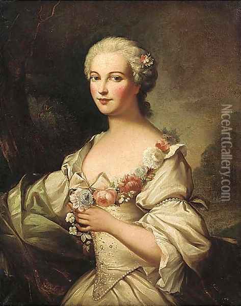 Portrait of a lady, half-length, in a red and gold dress with lace, holding roses in her hands Oil Painting - Jean-Marc Nattier