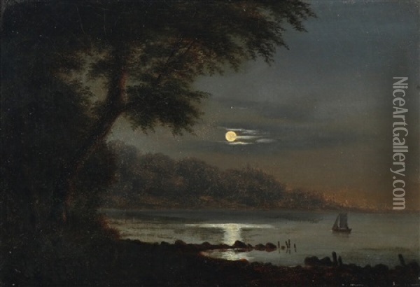 A Moonlit Costal Scene Oil Painting - Georg Emil Libert