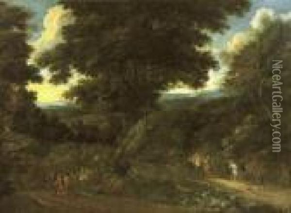 A Wooded Landscape With Travellers On Horseback Oil Painting - Jaques D'Arthois