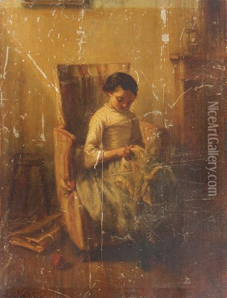 Young Girl Embroidering Oil Painting - Pauline Caron