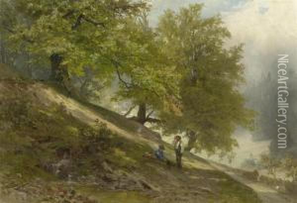 Two Hikers In A Forest Landscape Oil Painting - Olof Winkler