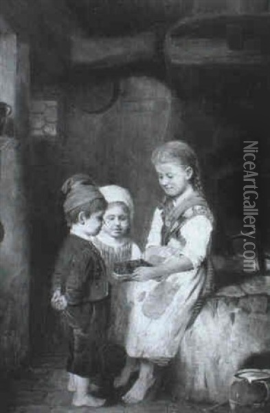 Ein Junges Madchen Zeigt Ihren Kleinen Geschwistern Eine    Mausefalle... Oil Painting - Johann Ferdinand Julius Hintze