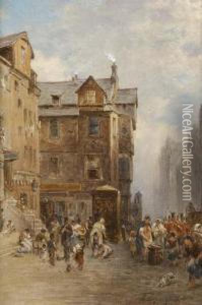 A Busy View Of The Royal Mile, Edinburgh Oil Painting - Pollok Sinclair Nisbet