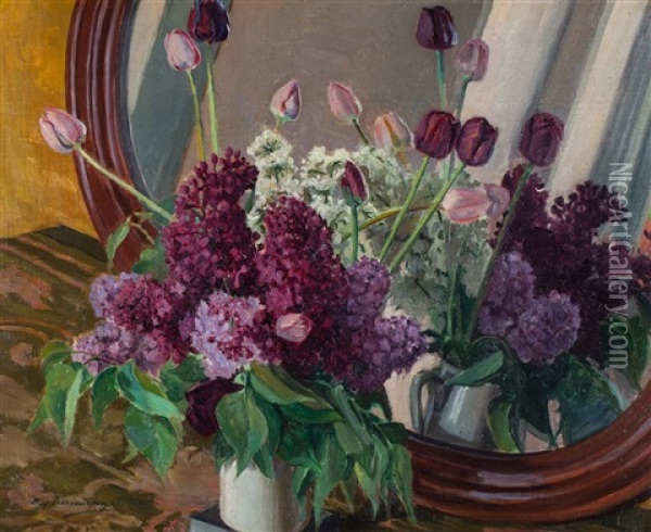 Bzy I Tulipany Przed Lustrem Oil Painting - Eugeniusz Kazimirowski
