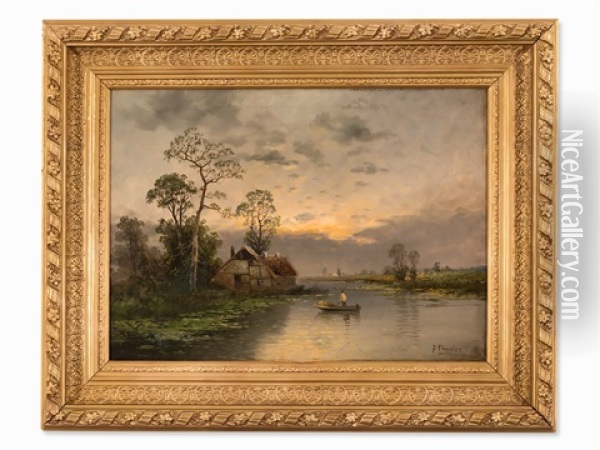River Landscape At Dusk Oil Painting - Johann Jungblut