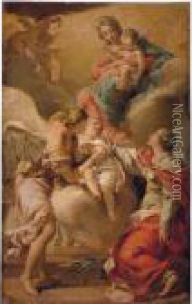 Saint Giustina And The Guardian 
Angel Commending The Soul Of An Infant To The Madonna And Child Oil Painting - Gaetano Gandolfi