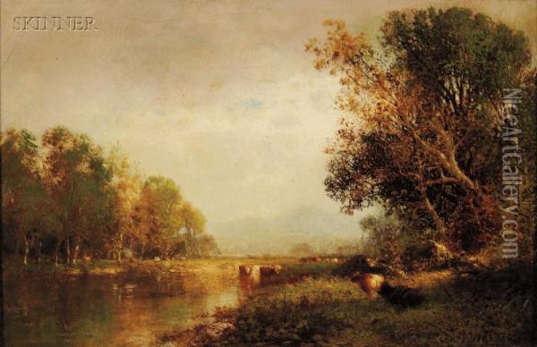 Cows By A River Bank Oil Painting - William M. Hart
