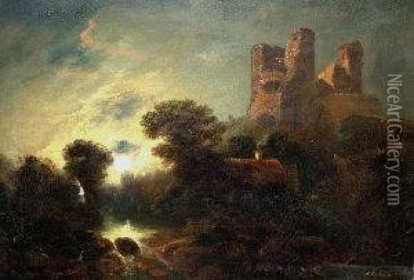 Moonlit River Scene With A Castle Oil Painting - William Henry Crome