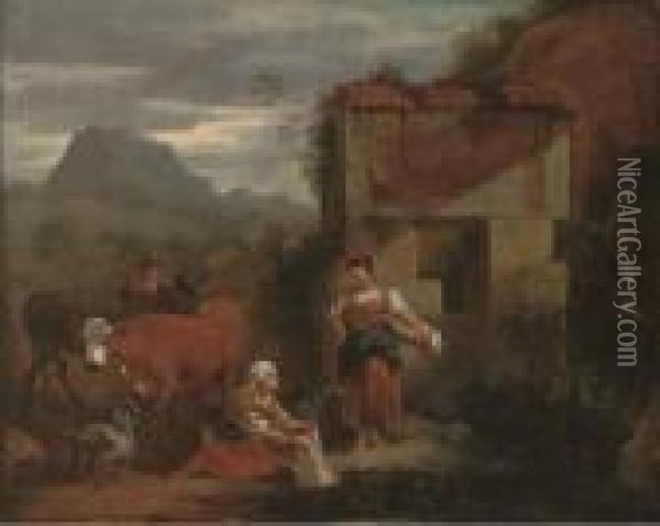 Peasants With Cattle, A Mountainous Landscape Beyond Oil Painting - Nicolaes Berchem