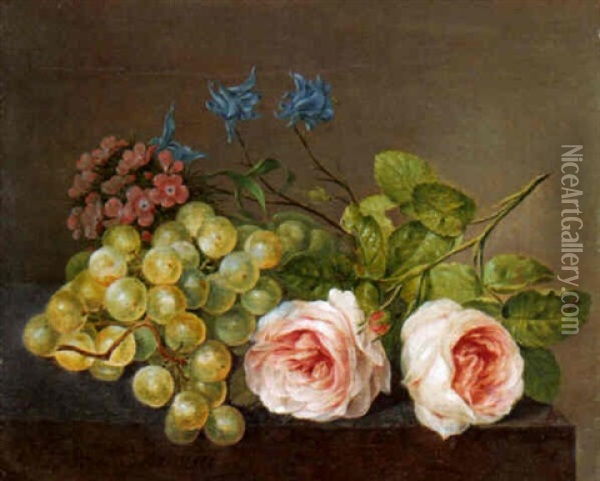 Grapes, Roses, Columbine And Othe Flowers On A Marble Ledge Oil Painting - Paul Theodor van Bruessel