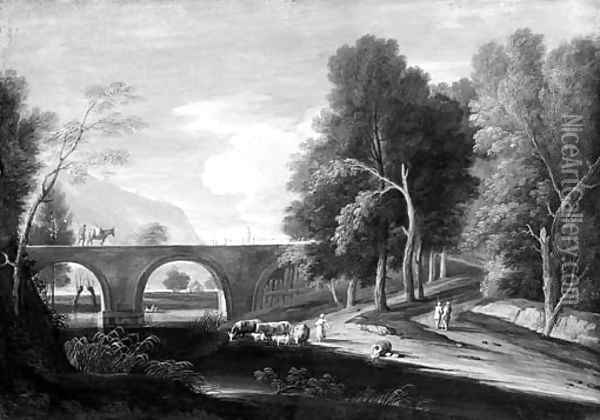 Extensive wooded landscapes with shepherds by a bridge and a lake Oil Painting - Marco Ricci
