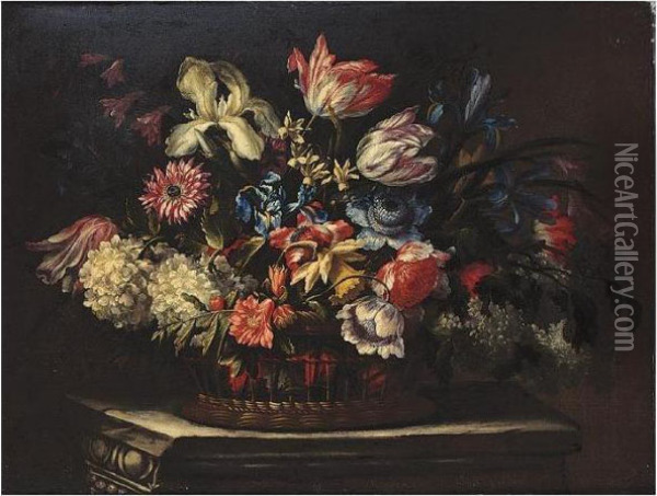 Still Life Of Tulips, Irises And Other Flowers In A Basket On A Stone Ledge Oil Painting - Bartolome Perez