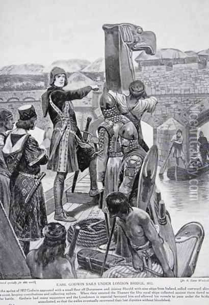 Earl Godwin sails under London Bridge in 1052, to join his son Harold with 9 ships from Ireland, illustration from the book The History of the Nation Oil Painting - Richard Caton Woodville