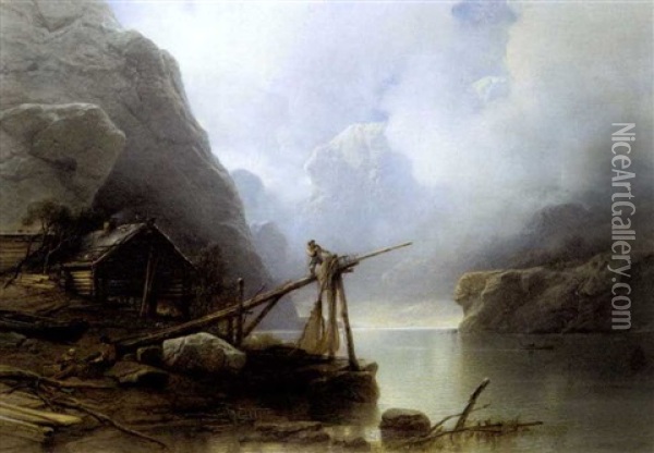 Fjord Met Vissers Oil Painting - Jacob Jacobs
