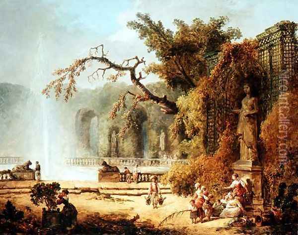 Romantic garden scene Oil Painting - Hubert Robert