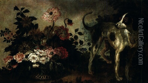 Nature Morte Au Panier De Fleurs Et Chien De Chasse Oil Painting - Alexandre Francois Desportes