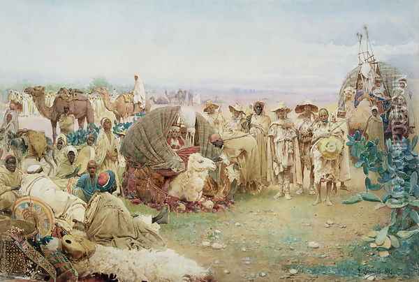 A Caravan resting at Kabylie, 1885 Oil Painting - Gustavo Simoni