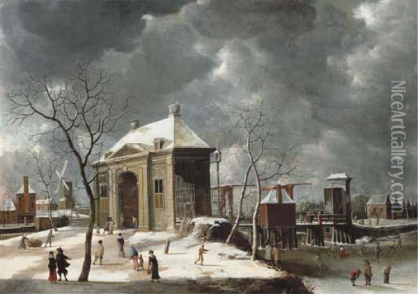 The Heiligewegspoort, From The North-west, With Skaters On Thefrozen Canal Oil Painting - Abraham Beerstraaten