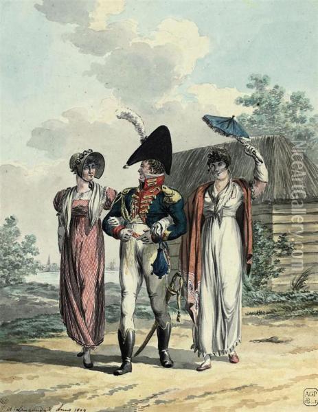 A Soldier Accompanying Two Elegant Ladies On A Walk Oil Painting - Jan Anthonie Langendijk