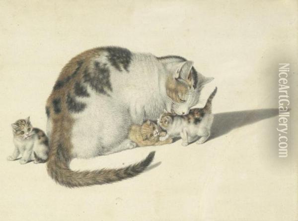 Katzenmutter Mit Drei Jungen Oil Painting - Gottfried Mind