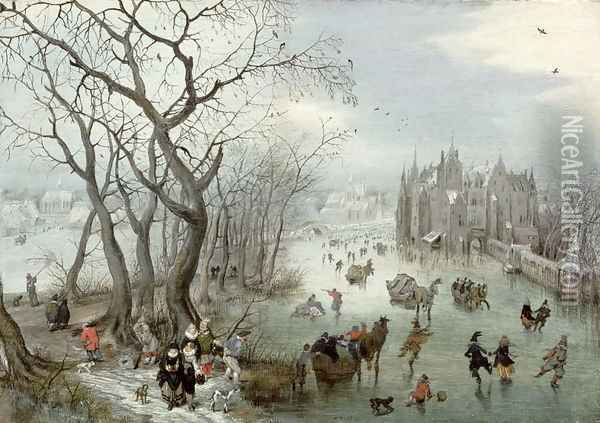 Winter Landscape with Skaters near a Castle, 1615 Oil Painting - Adriaen Pietersz. Van De Venne