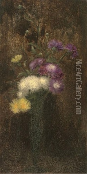 Purple, White And Yellow Flowers In A Tall Vase Oil Painting - Alfred Frederick William Hayward