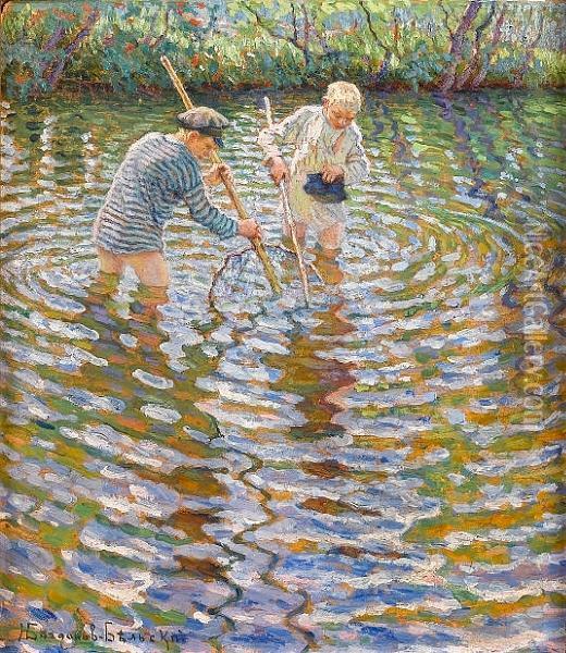 Young Boys Fishing For Minnows Oil Painting - Nikolai Petrovich Bogdanov-Belsky