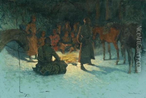 A Halt In The Wilderness [halt To Warm; Halt Of A Cavalry Patrol To Warm] Oil Painting - Frederic Remington