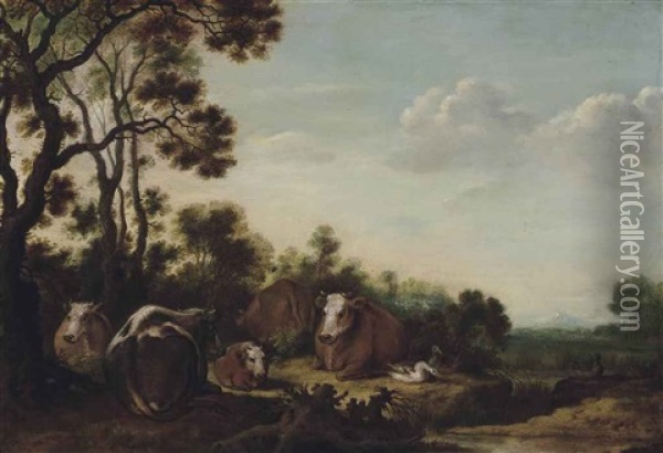 Cattle Resting In A Landscape Oil Painting - Gillis Claesz De Hondecoeter