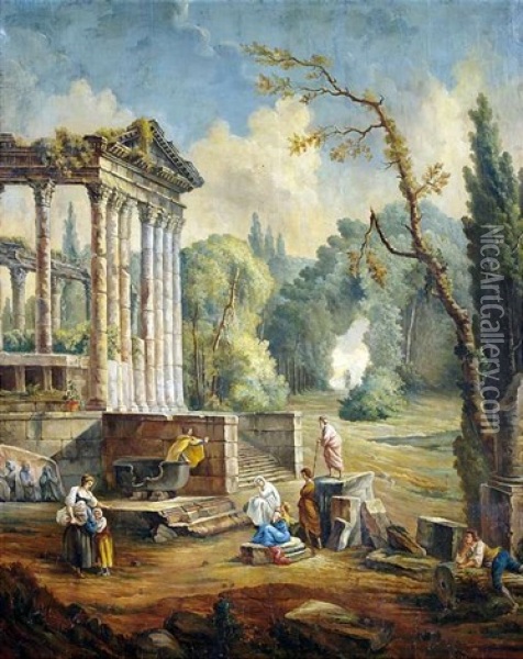 Landschaft Mit Tempelruine Und Staffagefiguren, Die Einem Redner Lauschen Oil Painting - Hubert Robert