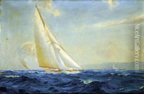 Steam And Sail, Off The Coast, A Racing Yacht In Full Sail Oil Painting - William Barclay