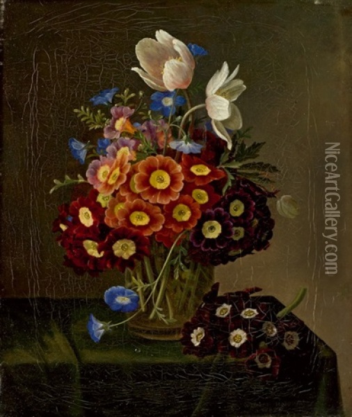 Blumenstillleben Mit Aurikeln Und Anemonen In Einer Glasvase Oil Painting - William Hammer