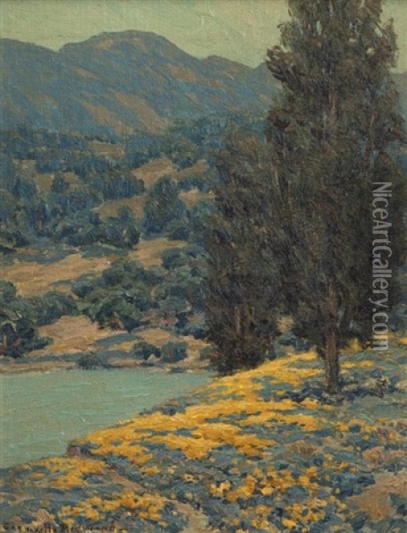 Lake In A Poppy And Lupine Landscape Oil Painting - Granville S. Redmond