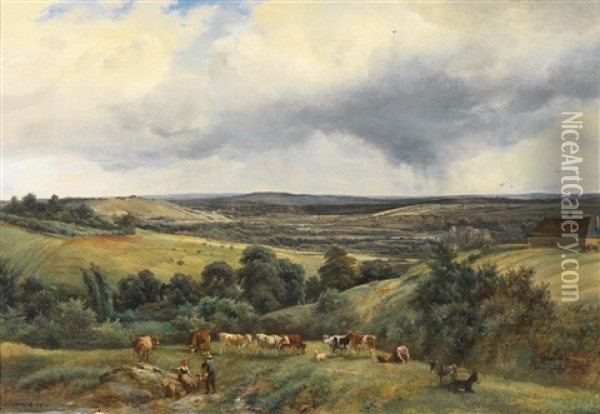 Open Landscape With Herd Of Animals Oil Painting - Andre Jolivard