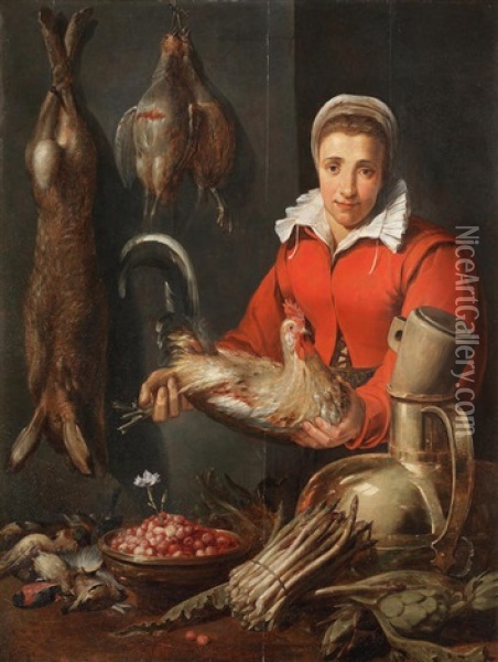 A Kitchen Maid Holding A Cockerel, With Game, Asparagus, Artichokes, Kitchen Utensils And A Bowl Of Fraises De Bois On A Table Oil Painting - Frans Snyders
